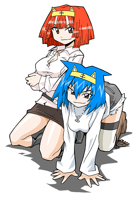 2girls amu_ru animal_ear_headband animal_ears anime_coloring aqua_hair belt belt_buckle benga_ru bent_over black_footwear black_outline blunt_bangs blunt_ends blunt_sidelocks bone_necklace boots breasts brown_belt brown_eyes brown_footwear brown_skirt buckle buttons center-flap_bangs closed_mouth collar collared_shirt colored_inner_animal_ears crossed_arms denim denim_shorts dress_shirt fake_animal_ears fur-trimmed_shorts fur_trim grey_shorts headband jewelry knee_boots large_breasts long_sleeves looking_at_viewer mascot medium_hair microskirt mukku_(mook-tv) multiple_girls necklace no_nose official_art outline partially_unbuttoned pencil_skirt pink_collar pink_shirt pink_sleeve_cuffs pocket red_hair second-party_source seiza shadow shirt shorts siblings sidelocks simple_background sisters sitting skirt sleeve_cuffs sleeves_past_wrists smile smirk spiked_hair sweater thighhighs tiger_ears tora_da_yo. toranoana tsurime unbuttoned unbuttoned_shirt white_background white_sweater wing_collar yellow_headband yellow_thighhighs
