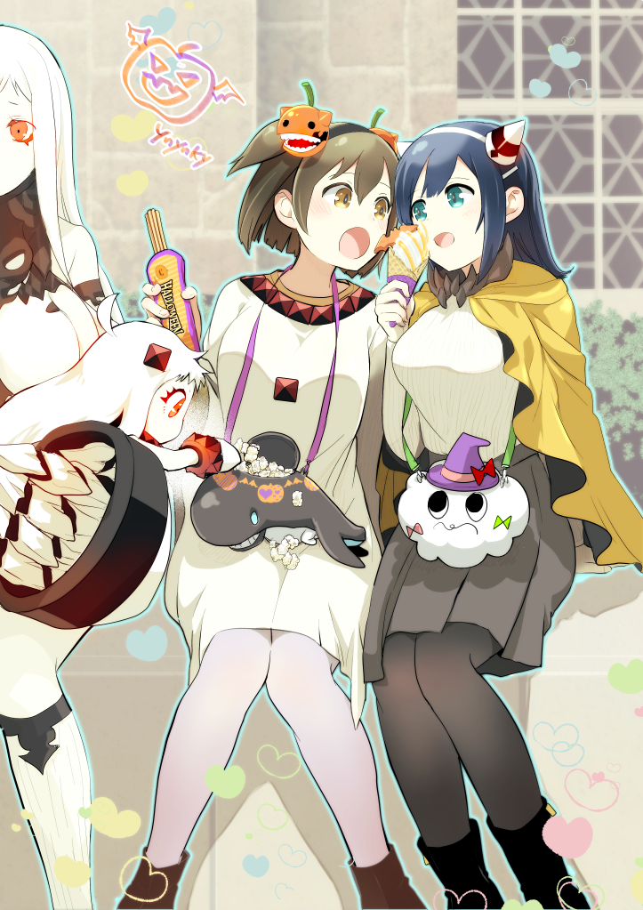 4girls :d abyssal_ship ahoge alternate_costume bench black_hair black_legwear blue_eyes blurry brown_eyes brown_hair building carrying carrying_person casual claws colored_skin cosplay depth_of_field detached_sleeves enemy_aircraft_(kancolle) fake_horns food hairband halloween halloween_costume hiryuu_(kancolle) holding horns i-class_destroyer ice_cream ice_cream_cone kantai_collection long_hair midway_hime_(cosplay) midway_princess miss_cloud mittens multiple_girls northern_ocean_hime_(cosplay) northern_ocean_princess open_mouth pantyhose park_bench pleated_skirt red_eyes seaport_water_oni short_hair single_horn sitting size_difference skirt smile souryuu_(kancolle) white_hair white_legwear white_skin yuzuki_yuno