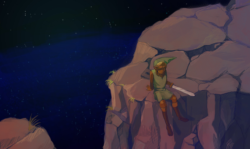 1boy arm_support boots brown_boots brown_hair cliff from_above green_hat green_tunic hat holding holding_sword holding_weapon link male_focus night nintendo no_eyes no_mouth osakana_(oishiiosakana) outdoors short_hair sitting solo sword tan the_legend_of_zelda tunic weapon zelda_ii:_the_adventure_of_link