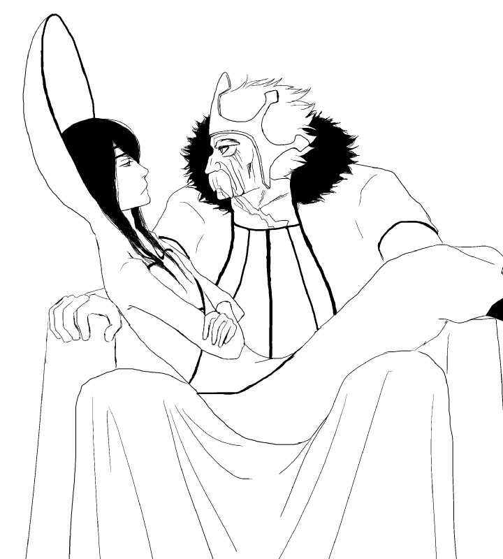 2boys arrancar baraggan_louisenbairn bleach crown eye_contact kaier_allgemeine looking_at_another monochrome multiple_boys nnoitra_gilga pixiv_sample scar sitting sketch