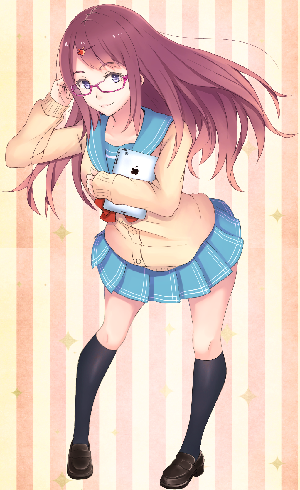 1girl apple_hair_ornament bad_id bad_pixiv_id black_shoes black_socks blue_eyes blue_sailor_collar blue_skirt brown_hair cardigan collarbone food-themed_hair_ornament glasses hair_ornament hairpin hand_on_own_head highres holding holding_tablet_pc ipad kneehighs loafers long_sleeves looking_at_viewer magenta-framed_eyewear neckerchief original pink_background pleated_skirt red_neckerchief sailor_collar saitou_(lynx-shrike) school_uniform semi-rimless_eyewear serafuku shoes skirt smile socks solo striped_background tablet_pc two-tone_background under-rim_eyewear vertical_stripes white_background