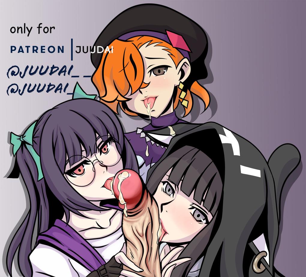 3girls backpack bag beret black_gloves black_hair blunt_bangs blush brown_eyes cooperative_fellatio cooperative_handjob cum cum_in_mouth cum_on_body cum_on_clothes cum_on_tongue cum_on_upper_body disembodied_penis earrings fellatio fingerless_gloves glasses gloves grey_eyes handjob hat hime_cut jewelry juudai kanon_(ntwewy) licking licking_penis multiple_girls oral orange_eyes penis round_eyewear sakurane_shoka shin_subarashiki_kono_sekai subarashiki_kono_sekai teamwork_(sexual) usui_nagi