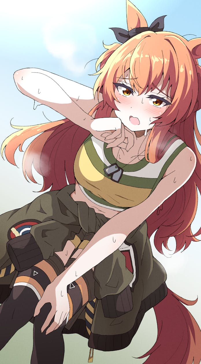 1girl animal_ears black_bow black_thighhighs blush bomber_jacket bow clothes_around_waist commentary_request commission dog_tags ear_bow highres horse_ears horse_girl horse_tail jacket jacket_around_waist long_hair looking_at_viewer mayano_top_gun_(umamusume) midriff navel nel-c open_mouth orange_eyes orange_hair skeb_commission solo sweat tail tank_top thighhighs two_side_up umamusume