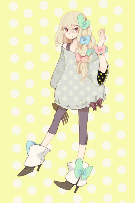 1boy afuro_terumi androgynous black_footwear blonde_hair bow closed_mouth crossdressing footwear_bow full_body grey_shirt hair_bow hand_up high_heels inazuma_eleven_(series) inazuma_eleven_go l_hakase leggings long_hair male_focus orange_eyes polka_dot polka_dot_background polka_dot_shirt red_eyes ribbon shirt smile solo standing trap wide_sleeves yellow_background