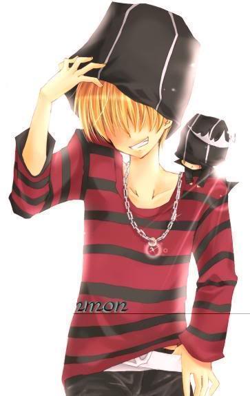 belphegor_(reborn) belt blonde_hair grin hair_over_eyes hat jewelry katekyo_hitman_reborn! looking_at_viewer male_focus mammon_(reborn) misteor multiple_boys necklace shirt short_hair smile striped_clothes striped_shirt tiara