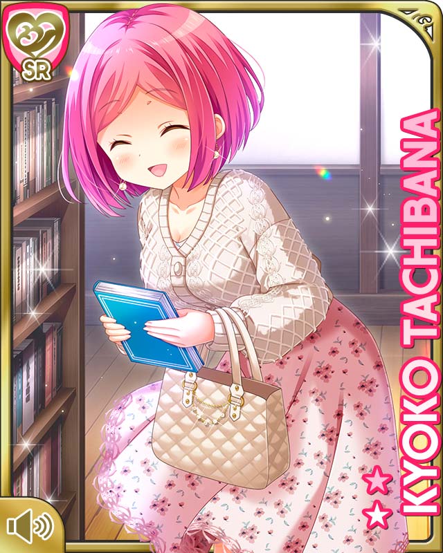 1girl :d black_gloves bow breasts brown_eyes card_(medium) character_name cleavage closed_eyes day dress earrings female_focus girlfriend_(kari) gloves indoors jewelry official_art open_mouth pink_dress pink_hair qp:flapper short_hair smile solo sweater tachibana_kyouko_(girlfriend_(kari)) tagme teacher white_sweater