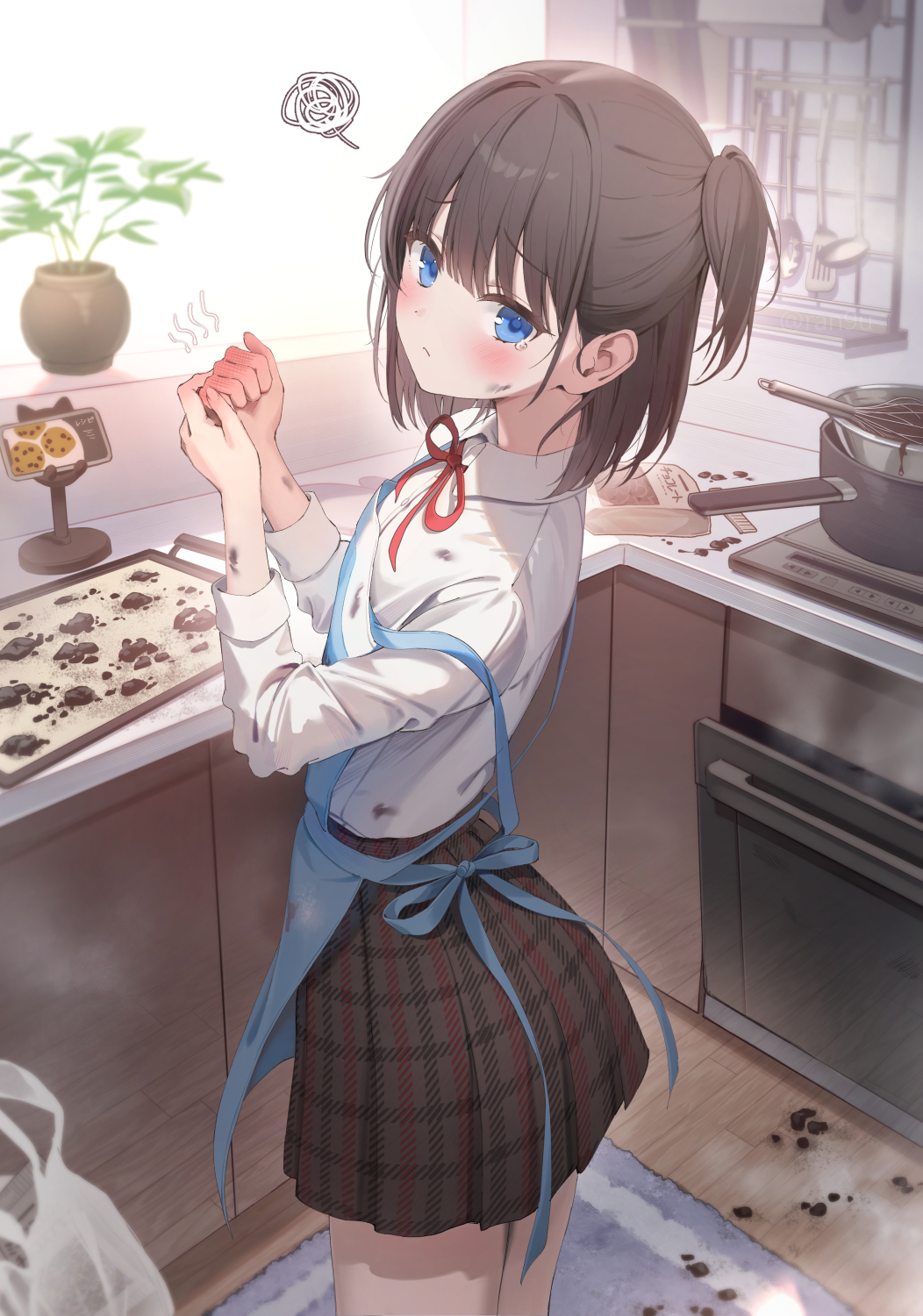 1girl apron blue_apron blue_eyes blush bow bowtie brown_hair burnt chocolate commentary_request cowboy_shot dirty dirty_clothes dirty_face dirty_hands failure from_behind highres injury kitchen looking_back messy nekouhai_(rangu) original plaid_clothes plaid_skirt plant potted_plant rangu red_bow red_bowtie shirt side_ponytail skirt smoke solo valentine white_shirt