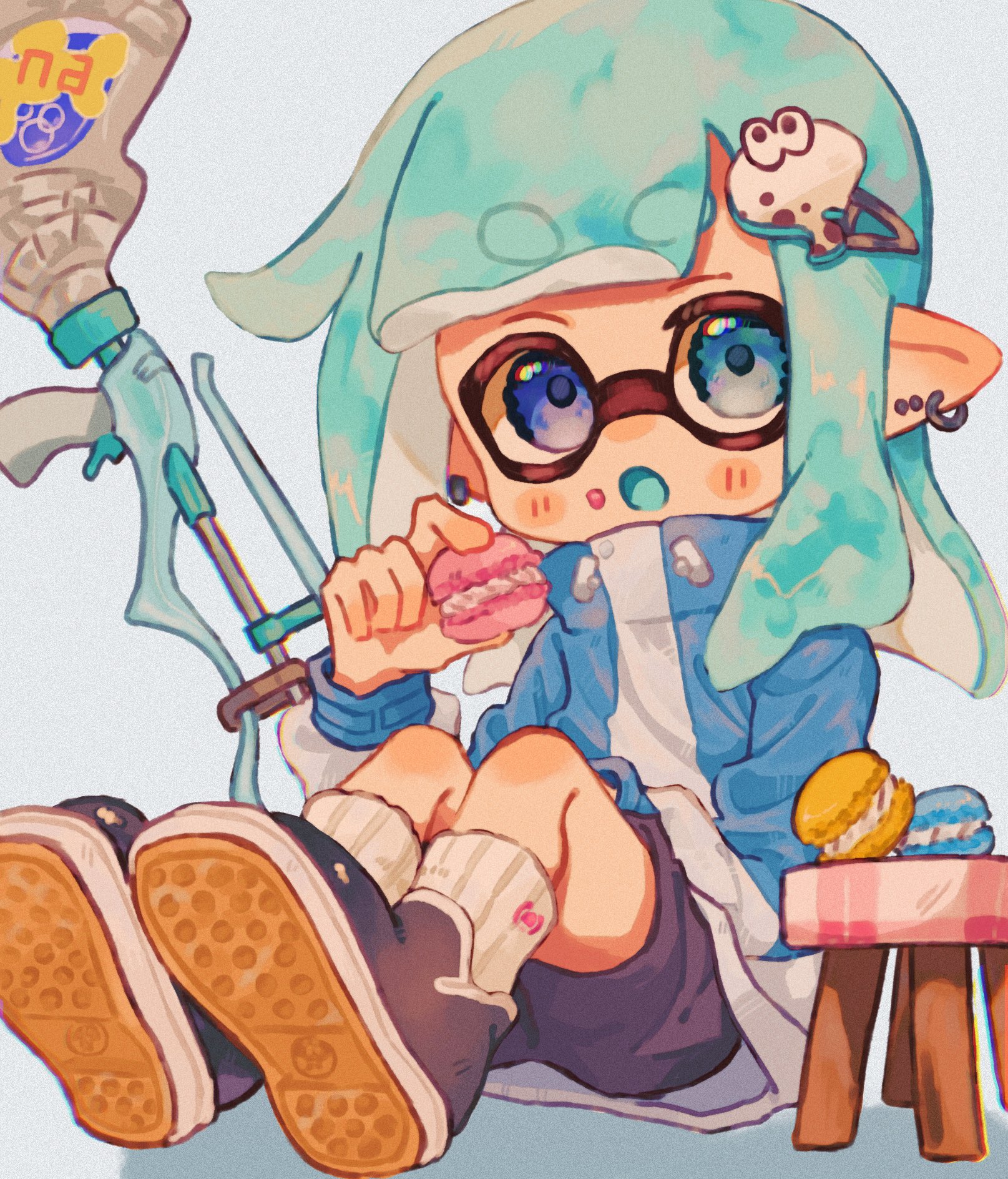 1girl :o black_shorts blue_background blue_eyes blue_hair blue_jacket commentary_request ear_piercing earrings eyebrows_hidden_by_hair food full_body gun hair_ornament hairclip heterochromia highres holding holding_food hoop_earrings inkling inkling_girl inkling_player_character jacket jewelry long_hair looking_at_viewer macaron nintendo ochocho2828 piercing pointy_ears shoes shorts simple_background sitting socks solo splatoon_(series) splatoon_3 squiffer_(splatoon) table tentacle_hair thick_eyebrows weapon white_socks