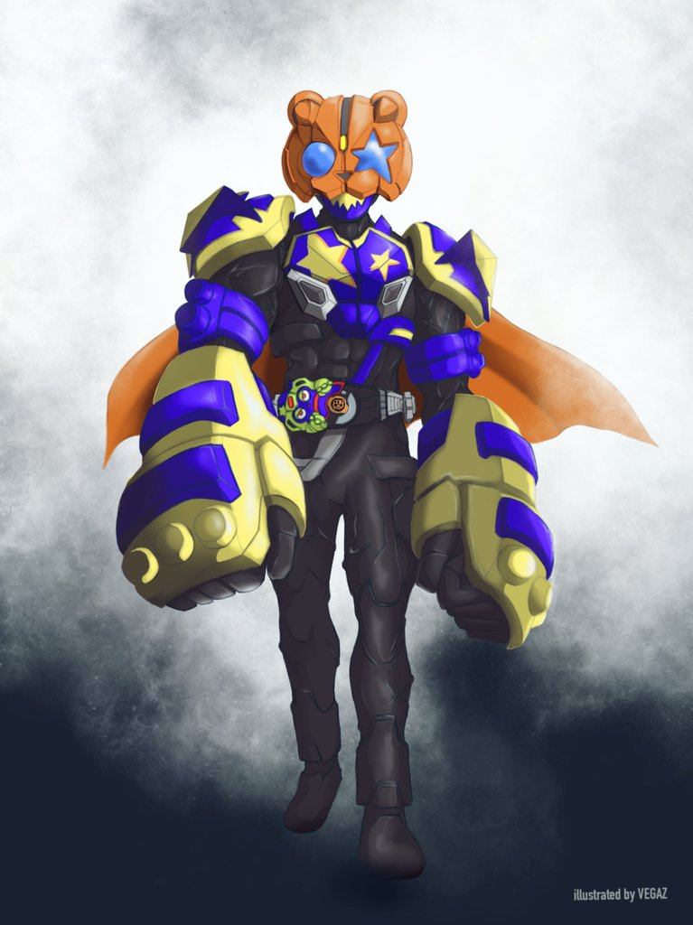 1boy abs armor artist_name bear blue_armor blue_eyes boxing_gloves brass_knuckles cape desire_driver jack-o&#039;-lantern kamen_rider kamen_rider_geats_(series) kamen_rider_punkjack male_focus manly monster monster_buckle muscular muscular_male orange_cape pumpkin raise_buckle shadow vgz083 weapon