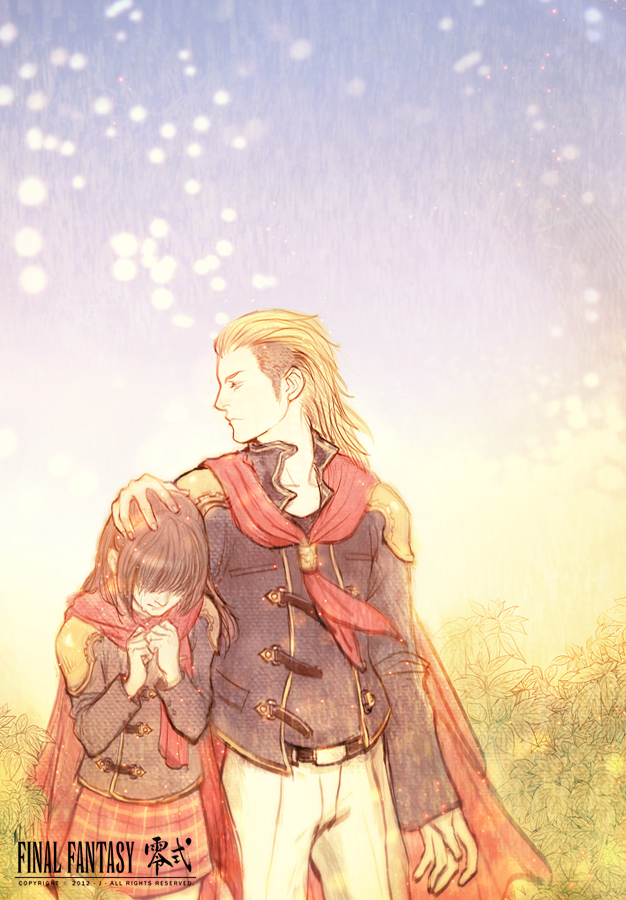 1boy 1girl black_hair brown_hair cape copyright_name deuce_(fft-0) final_fantasy final_fantasy_type-0 hand_in_own_hair j_(onose1213) king_(fft-0) logo ponytail scarf