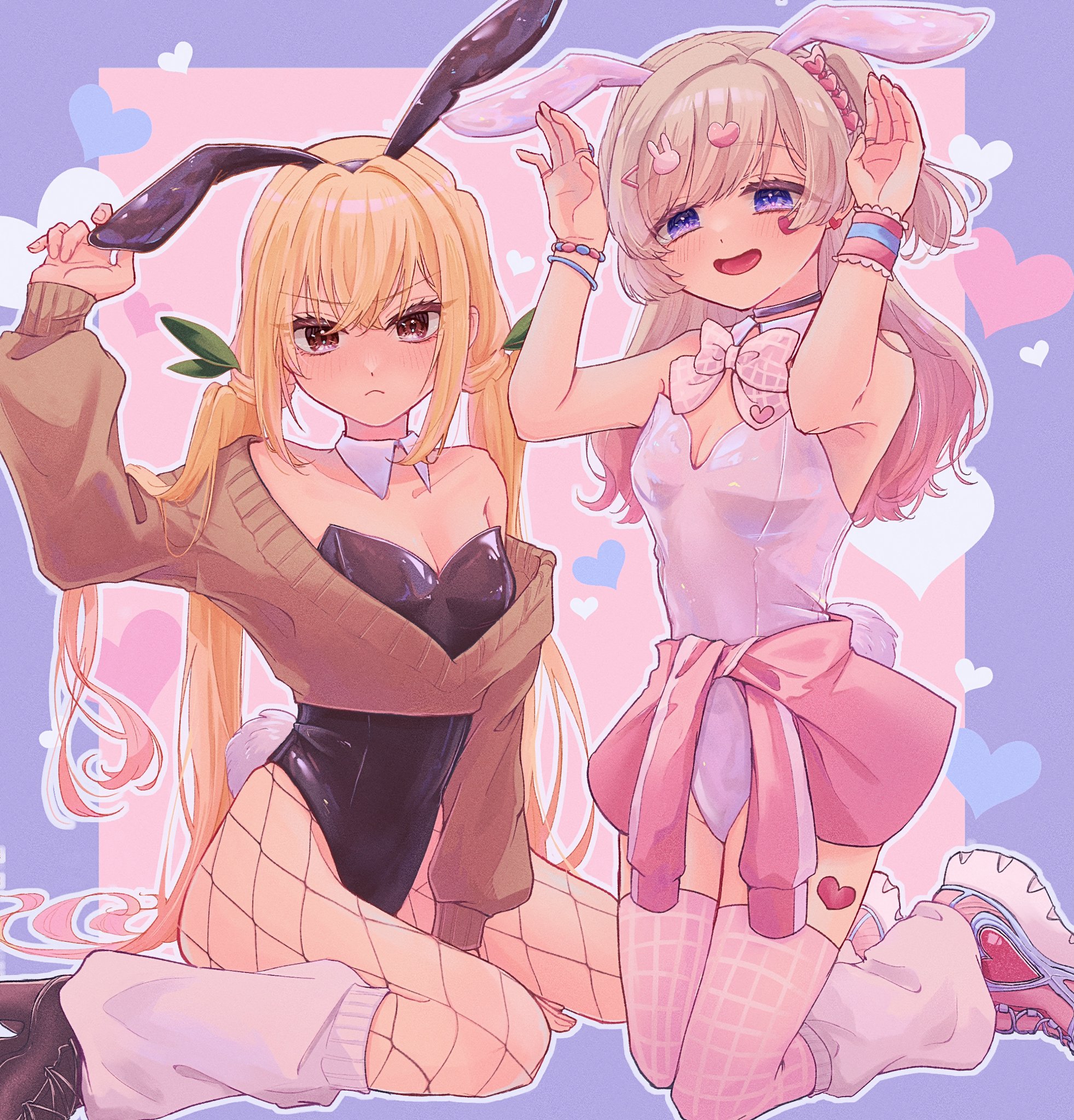 2girls animal_ears black_leotard blonde_hair bracelet breasts brown_eyes brown_sweater cleavage closed_mouth clothes_around_waist detached_collar fake_animal_ears fishnet_pantyhose fishnets gradient_hair hair_between_eyes hair_ornament hair_ribbon hairclip hands_up heart highres inda_karane jewelry kedarui_aashii kimi_no_koto_ga_dai_dai_dai_dai_daisuki_na_100-nin_no_kanojo kneeling leg_warmers leotard long_hair multicolored_background multicolored_hair multiple_bracelets multiple_girls off-shoulder_sweater off_shoulder oknomyk open_mouth pantyhose pink_background pink_hair pink_leotard pink_sweater playboy_bunny purple_background purple_eyes rabbit_ears ribbon sitting small_breasts sweater sweater_around_waist thighhighs twintails very_long_hair wariza