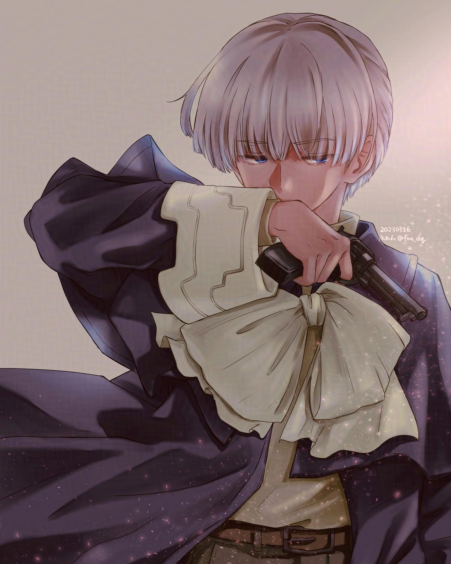 1boy adversarial_noise artist_name belt billy_lee_black blue_eyes commentary_request dated fon_(fon_dq) grey_background grey_hair gun handgun highres holding holding_gun holding_weapon male_focus short_hair solo standing weapon wide_sleeves xenogears