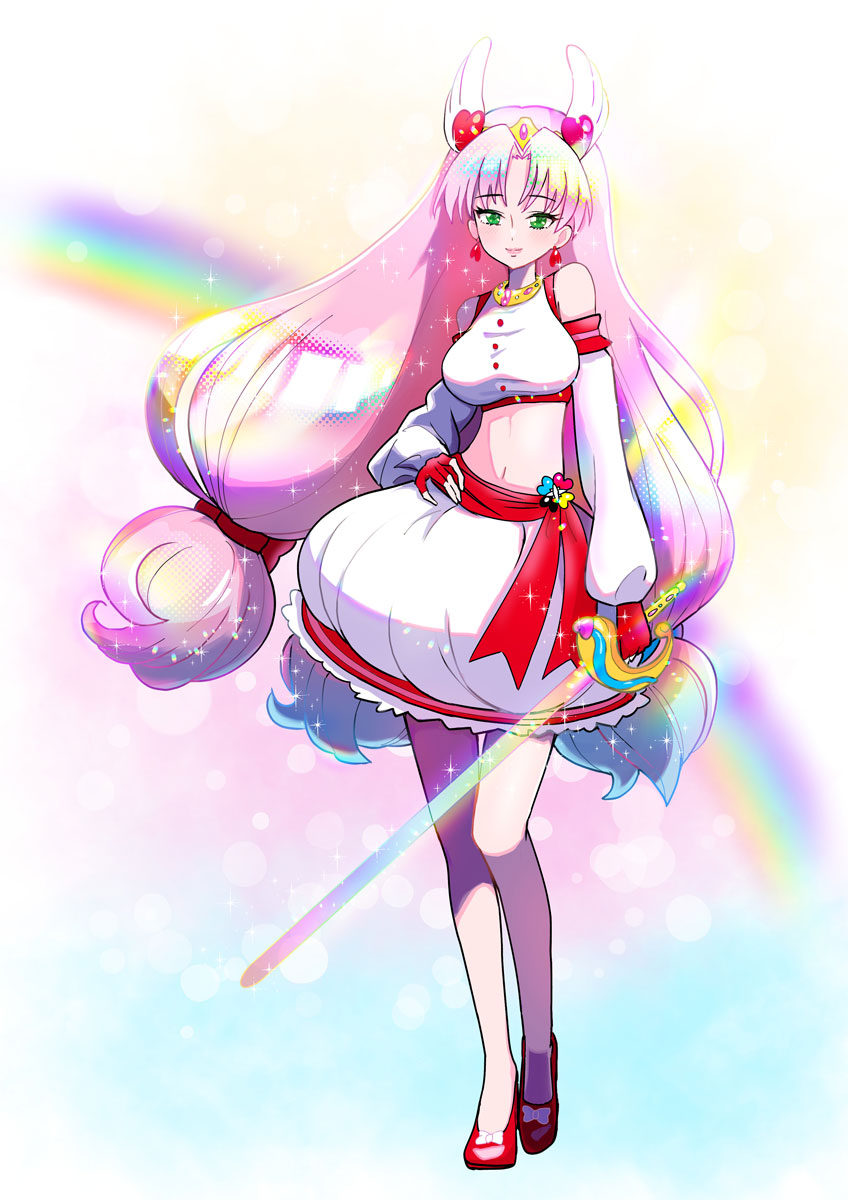 1girl amemiya_nijika_(benit149) arm_warmers bare_legs blonde_hair blue_hair bow breasts bubble_skirt closed_mouth commission crop_top cure_chroma_(benit149) earrings emine_mutsu fingerless_gloves footwear_bow full_body gloves gradient_hair green_eyes hair_bow hair_ornament hand_on_own_hip head_wings heart heart_earrings heart_hair_ornament highres holding holding_sword holding_weapon jewelry left-handed legs_together light_particles light_smile long_hair looking_at_viewer low-tied_long_hair magical_girl medium_breasts midriff multicolored_background multicolored_hair multicolored_sword necklace original parted_bangs pink_hair pink_lips pixiv_commission precure rainbow rapier red_bow red_gloves red_ribbon red_shoes ribbon shoes skirt smile solo sparkle standing sword thigh_gap tiara tri_tails waist_brooch weapon white_arm_warmers white_bow white_skirt wings