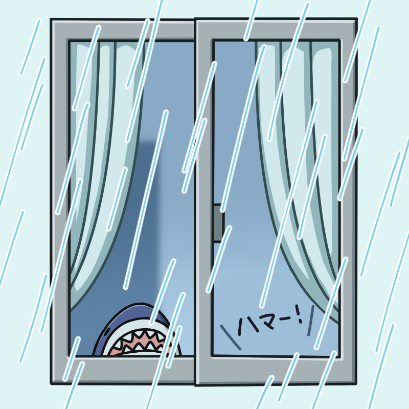 commentary_request curtains hama!_(3toshinhmkz) no_humans original rain stuffed_animal stuffed_shark stuffed_toy upper_body window