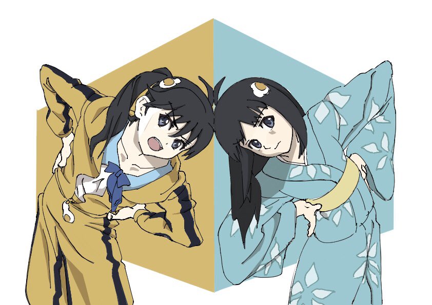 2girls ahoge aqua_background aqua_kimono araragi_karen araragi_tsukihi black_eyes black_hair black_jacket black_pants blue_bow blue_bowtie blue_sailor_collar bow bowtie closed_mouth collarbone collared_shirt commentary cowboy_shot dress_shirt egg_hair_ornament floral_print floral_print_kimono food-themed_hair_ornament fried_egg furrowed_brow hair_between_eyes hair_ornament hands_on_own_hips head_tilt heads_together hood hood_down jacket japanese_clothes kimono leaning_to_the_side long_hair long_sleeves monogatari_(series) multicolored_jacket multiple_girls nisemonogatari obi open_clothes open_jacket open_mouth pants print_kimono sailor_collar sash school_uniform serafuku shirt siblings side_ponytail single_vertical_stripe sisters suisyokumotsu teeth track_jacket track_pants tsuganoki_second_junior_high_school_uniform two-tone_jacket two-tone_pants upper_teeth_only white_background white_shirt yellow_background yellow_jacket yellow_pants yellow_sash