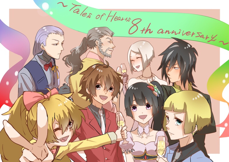 3girls 5boys ahoge bare_shoulders beryl_benito black_hair blonde_hair blue_eyes blue_hair bread breasts brown_eyes brown_hair chalcedony_akerman choker dress elbow_gloves closed_eyes food formal_clothes gall_gruner gloves grey_hair hair_ornament hisui_hearts ines_lorenzen kohaku_hearts kunzite_(tales) long_hair multiple_boys multiple_girls necktie one_eye_closed open_mouth ponytail purple_eyes ribbon kor_meteor short_hair side_ponytail suit tales_of_(series) tales_of_hearts v vest wink