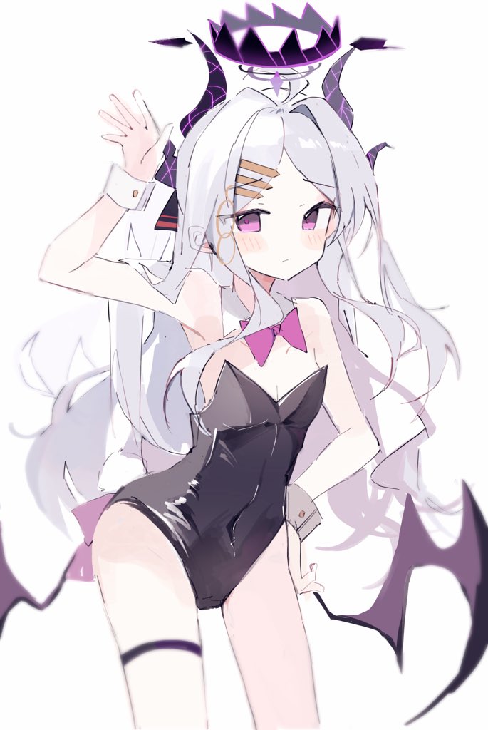 1girl ahoge arm_up black_halo black_leotard blue_archive blush blush_stickers bowtie breasts closed_mouth covered_navel demon_girl demon_horns demon_wings detached_collar hair_ornament hair_over_shoulder hairclip halo hand_on_own_hip hina_(blue_archive) horns kiri_y leotard loli long_hair looking_at_viewer low_wings multiple_horns no_nose parted_bangs purple_bow purple_bowtie purple_eyes simple_background small_breasts solo standing strapless strapless_leotard thigh_strap thighs very_long_hair white_background white_hair wings wrist_cuffs