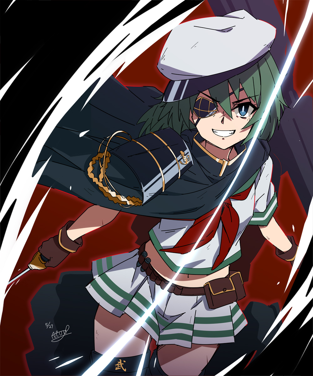 1girl ammunition_belt armor black_cape blue_eyes brown_gloves cape cowboy_shot cutlass eyepatch gloves green_hair green_sailor_collar hat highres kantai_collection kiso_(kancolle) kiso_kai_ni_(kancolle) medium_hair neckerchief necono_(nekonosora1207) one-hour_drawing_challenge pleated_skirt red_neckerchief sailor_collar sailor_hat school_uniform serafuku short_sleeves shoulder_armor skirt solo white_hat white_skirt