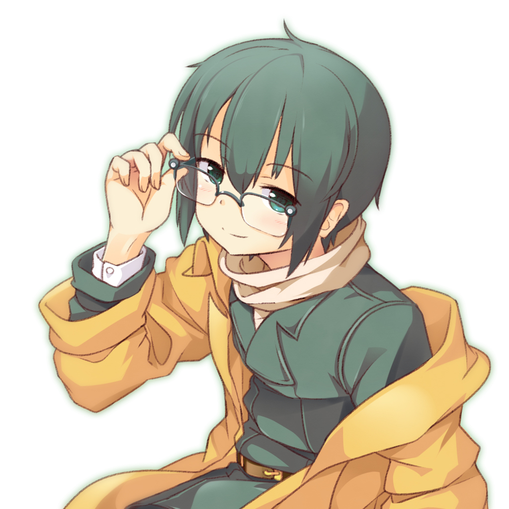 1girl adjusting_eyewear androgynous belt blush brown_belt closed_mouth collared_shirt commentary_request eyelashes glasses green_eyes green_hair green_pants green_shirt hand_on_eyewear jacket kino_(kino_no_tabi) kino_no_tabi long_sleeves looking_at_viewer open_clothes open_jacket pants shirt short_hair simple_background single_off_shoulder sitting smile solo undershirt utouto white_background yellow_jacket
