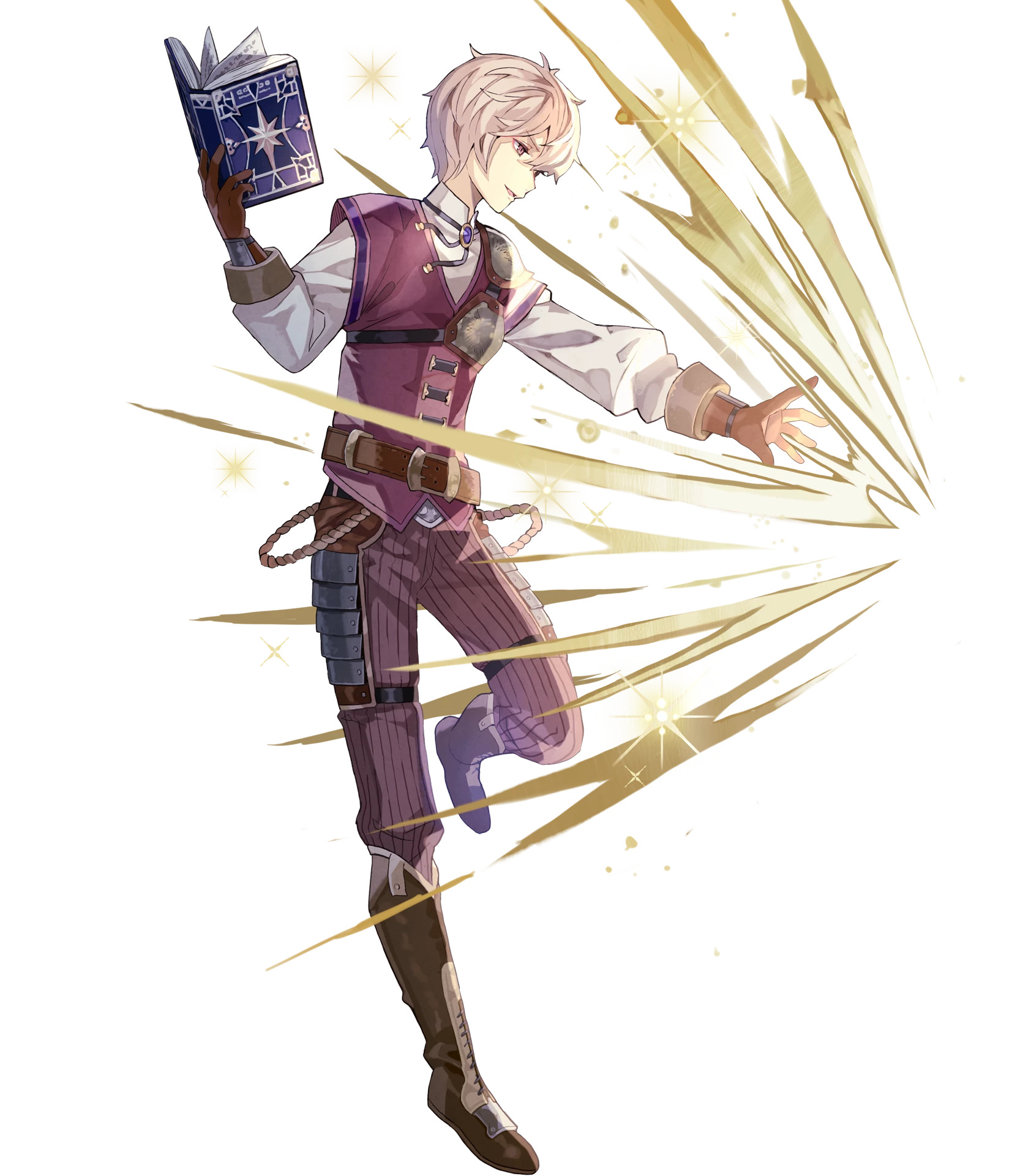 1boy belt book boots fire_emblem fire_emblem_echoes:_shadows_of_valentia fire_emblem_heroes full_body gloves highres kliff_(fire_emblem) male_focus nintendo official_art open_mouth pink_eyes solo sparkle tobi_(kotetsu) transparent_background white_hair