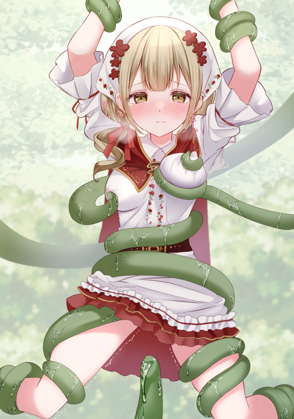 1girl akazukin_(taishou_x_alice) apron arms_up azusawa_kohane belt blush breasts brown_eyes brown_hair closed_mouth commission grabbing_another&#039;s_breast groping highres little_red_riding_hood_(fairy_tale) little_red_riding_hood_(fairy_tale_character) looking_at_viewer nipple_stimulation nipple_tweak numomo-san pixiv_commission project_sekai red_hood_(black_souls) red_skirt restrained shirt skirt solo tentacles tentacles_under_clothes white_shirt yellow_eyes