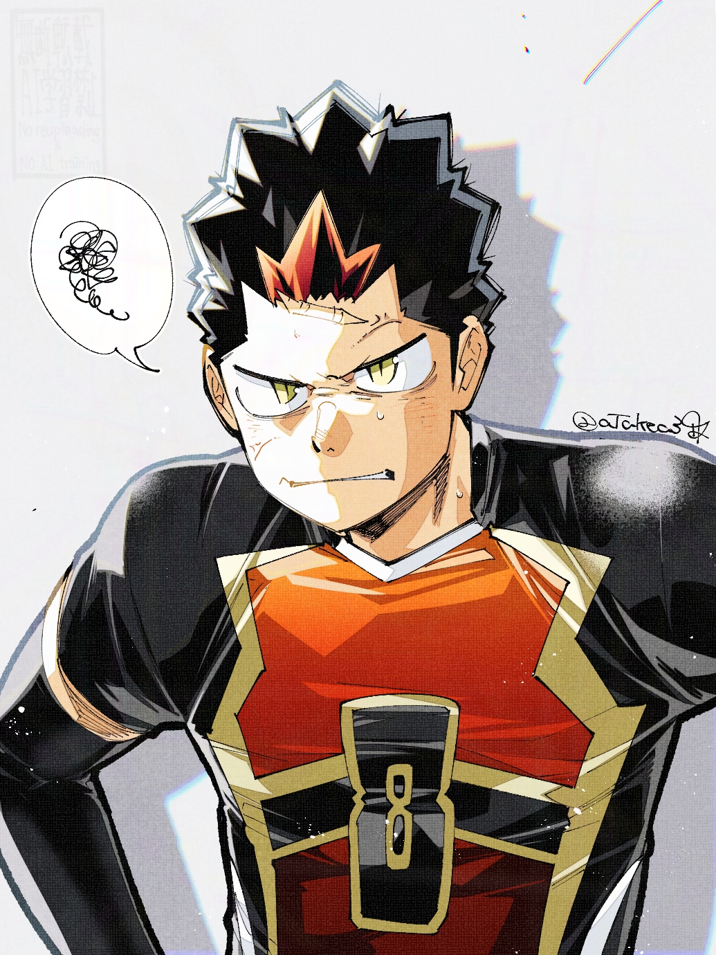 1boy black_hair black_shirt brown_hair brown_shirt character_request copyright_request green_eyes grey_background highres multicolored_hair number_print print_shirt shadow shirt short_hair simple_background solo spiked_hair takeuchi_(a3) two-tone_hair upper_body