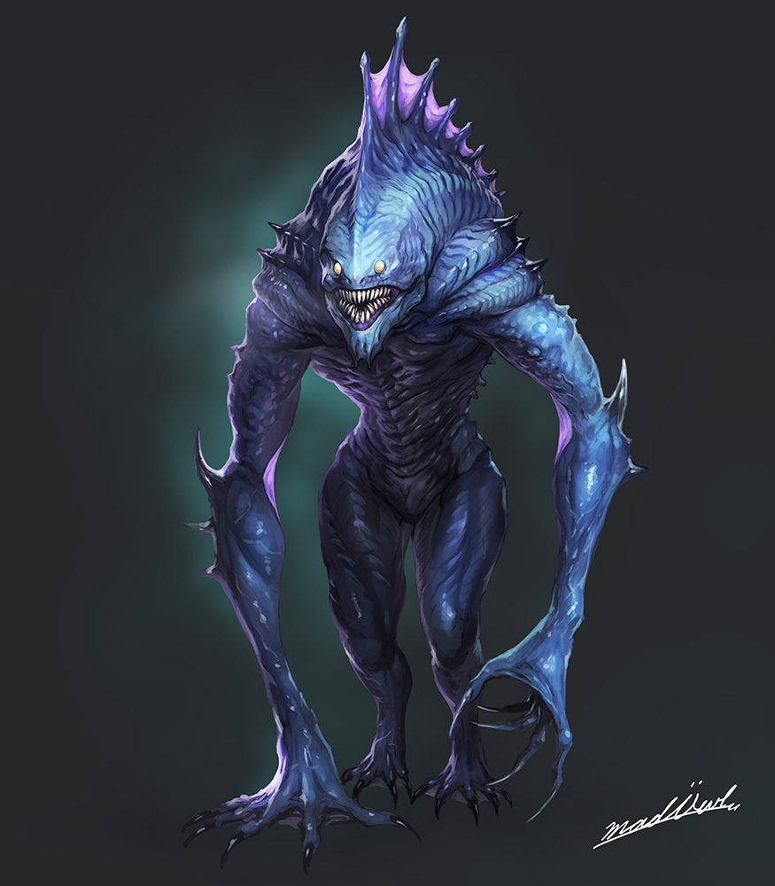 claws creature cthulhu_mythos deep_one fins gills glowing glowing_eyes head_fins horror_(theme) madowl monster monster_focus no_humans open_mouth original sharp_teeth simple_background solo tail teeth webbed_feet webbed_hands