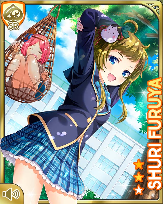 2girls :d :o blazer blue_bow blue_eyes blue_jacket blue_skirt bow card character_name closed_eyes day furuya_shuri girlfriend_(kari) green_hair jacket long_bangs multiple_girls net official_art open_mouth outdoors pink_hair plaid_clothes plaid_skirt pleated_skirt qp:flapper rope school_uniform shirt short_hair skirt smile standing subspended tachibana_kyouko_(girlfriend_(kari)) tagme white_shirt