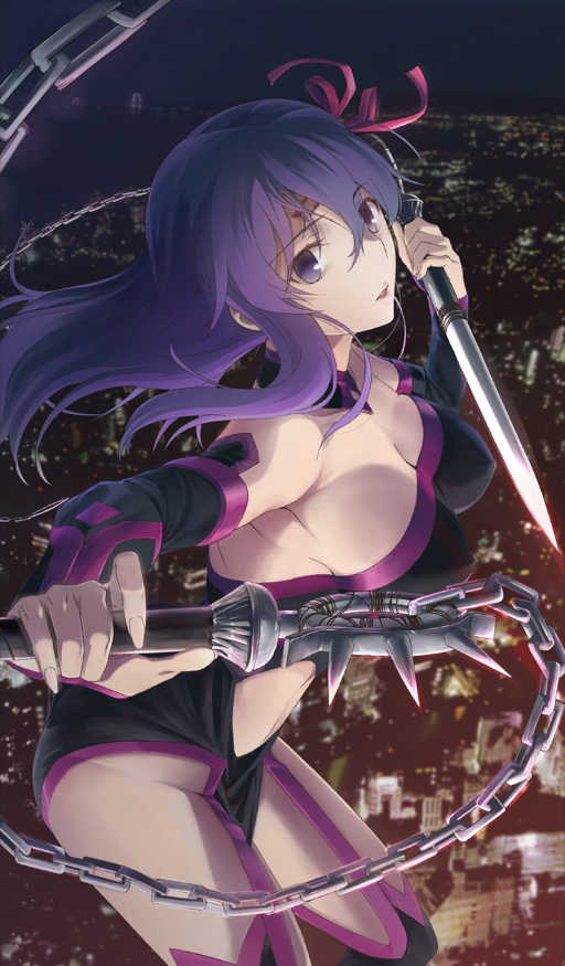 1girl adapted_costume backless_outfit black_boots black_collar black_dress black_gloves boots breasts chain city cleavage clothing_cutout collar commentary cosplay covered_erect_nipples cowboy_shot detached_collar dress dual_wielding facial_mark fate/grand_order fate/stay_night fate_(series) fingerless_gloves floating_hair forehead_mark from_side gloves hair_ribbon heaven&#039;s_feel holding holding_weapon large_breasts leotard long_hair looking_at_viewer matou_sakura medusa_(fate) medusa_(rider)_(fate) medusa_(rider)_(fate)_(cosplay) medusa_(rider)_(third_ascension)_(fate) midair nameless_dagger_(fate) navel navel_cutout night official_art outdoors parted_lips pink_collar pink_dress pink_gloves pink_ribbon pink_thighhighs purple_eyes purple_hair reverse_grip ribbon shiojima_yuka sideboob single_sidelock solo strapless strapless_dress strapless_leotard thighhighs third-party_source tube_dress two-tone_dress two-tone_gloves two-tone_thighhighs weapon