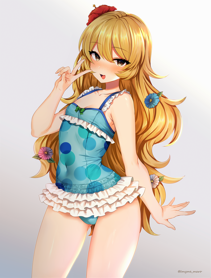 1girl :d artist_name bad_id bad_nicoseiga_id bare_arms bare_shoulders beryl_benito blonde_hair blue_flower blue_one-piece_swimsuit blush brown_eyes commentary_request cowboy_shot flower gradient_background grey_background hair_flower hair_ornament hand_up hibiscus long_hair looking_at_viewer marota nose_blush one-piece_swimsuit open_mouth partial_commentary purple_flower red_flower smile solo standing swimsuit tales_of_(series) tales_of_hearts thighs twitter_username v very_long_hair