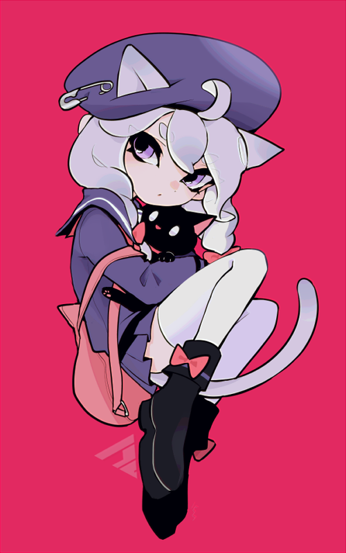 1girl ahoge animal animal_ears backpack bag beret black_boots black_cat boots bow cat cat_ears cat_girl cat_tail closed_mouth footwear_bow full_body hair_between_eyes hat holding holding_animal imaikuy0 looking_at_viewer medium_hair neckerchief nintendo octoling octoling_girl octoling_player_character pink_background pink_bag pleated_skirt purple_hair purple_hat purple_sailor_collar purple_serafuku purple_shirt purple_skirt red_neckerchief sailor_collar school_uniform serafuku shirt skirt solo splatoon_(series) tail tentacle_hair thighhighs white_thighhighs