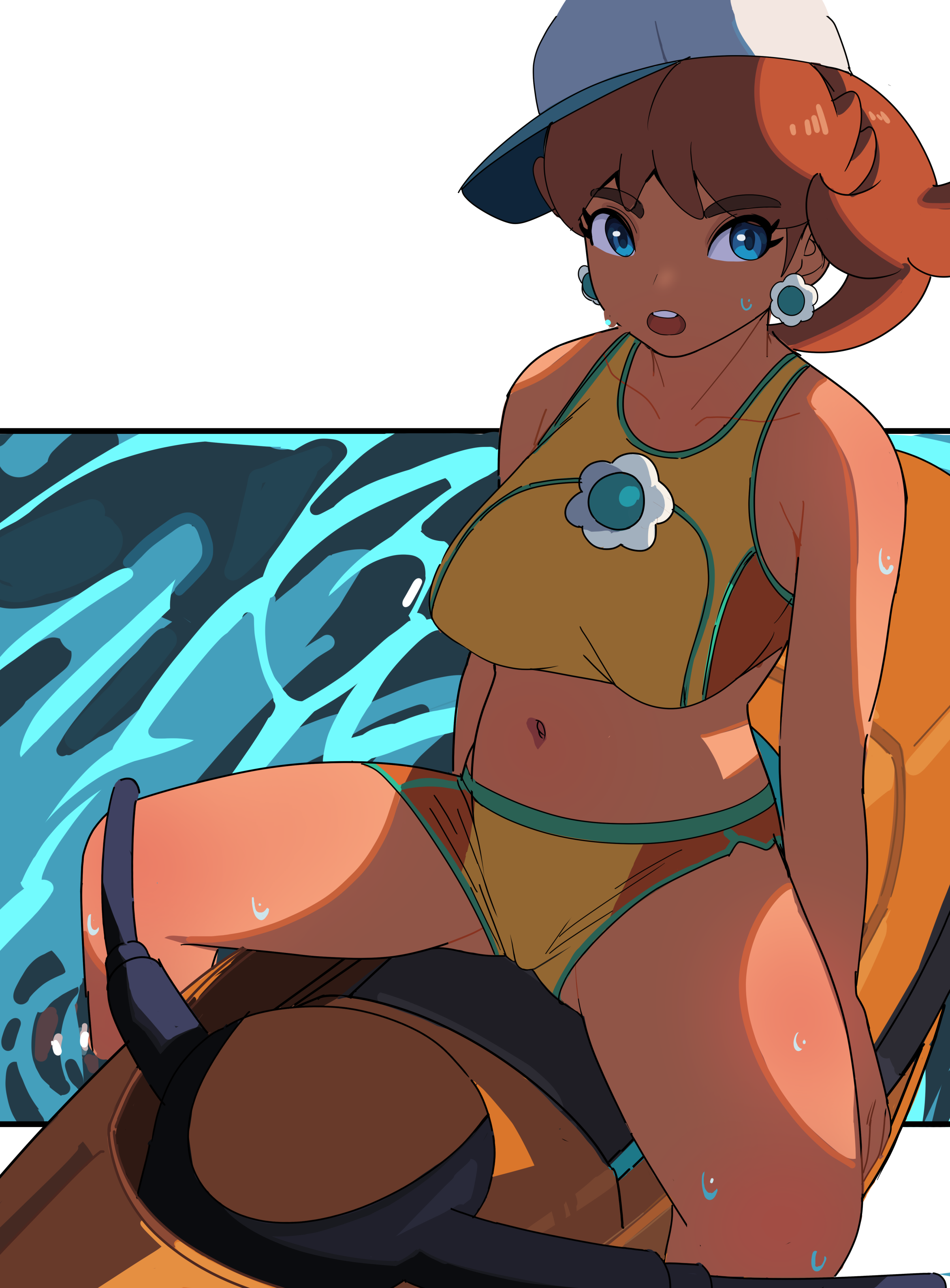 absurdres baseball_cap blue_eyes breasts brown_hair collarbone crop_top crotch earrings flower_earrings gluteal_fold hat highres jet_ski jewelry large_breasts mario_(series) mario_kart mario_kart_world medium_hair midriff navel nintendo ponytail princess_daisy princess_daisy_(swimwear)_(mario_kart_world) sideways_hat sorian66 spread_legs swimsuit tan thighs water watercraft wet