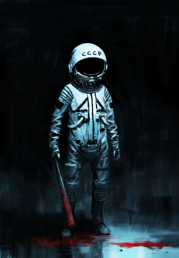 aiba_ryosuke androgynous astronaut baseball_bat blood blood_stain dark full_body gender_request gradient_background helmet original realistic solo ussr