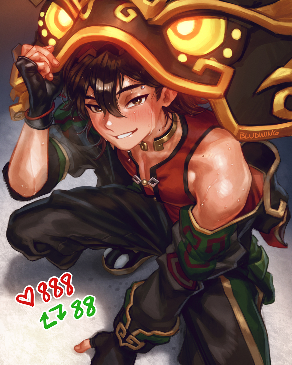 1boy artist_name bludwing blush brown_eyes brown_hair eyebrow_piercing face_piercing fingerless_gloves gaming_(genshin_impact) genshin_impact gloves hair_between_eyes highres jewelry looking_at_viewer male_focus medium_hair mole mole_on_neck neck_ring piercing simple_background smile solo sweat toned toned_male twitter_strip_game