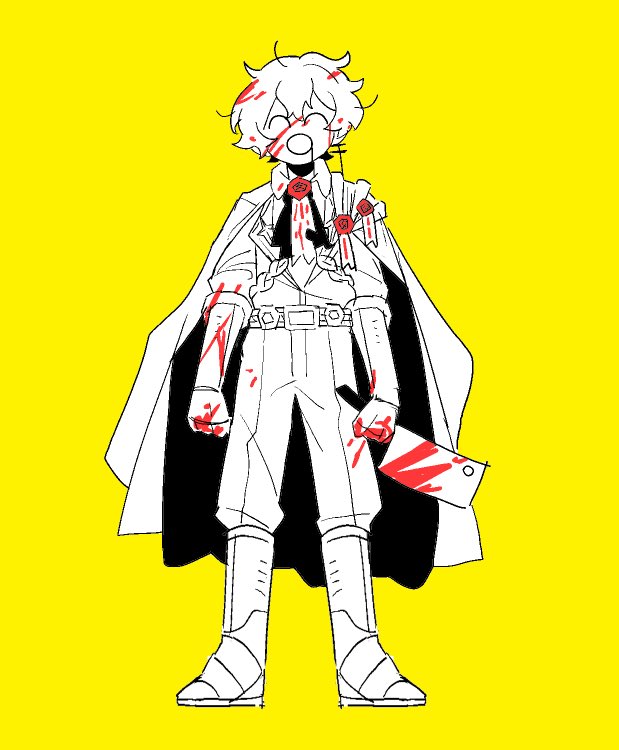 ^_^ ^q^ ascot belt blood blood_on_clothes blood_on_face boots butcher_vanity_(synthesizer_v) cape closed_eyes full_body gauntlets gloves greyscale holding holding_knife kitchen_knife knife limbus_company monochrome n_corp._fanatic_(identity)_(project_moon) open_mouth pants project_moon rope shirt simple_background sinclair_(project_moon) south_ac standing straight-on talisman wax_seal yellow_background