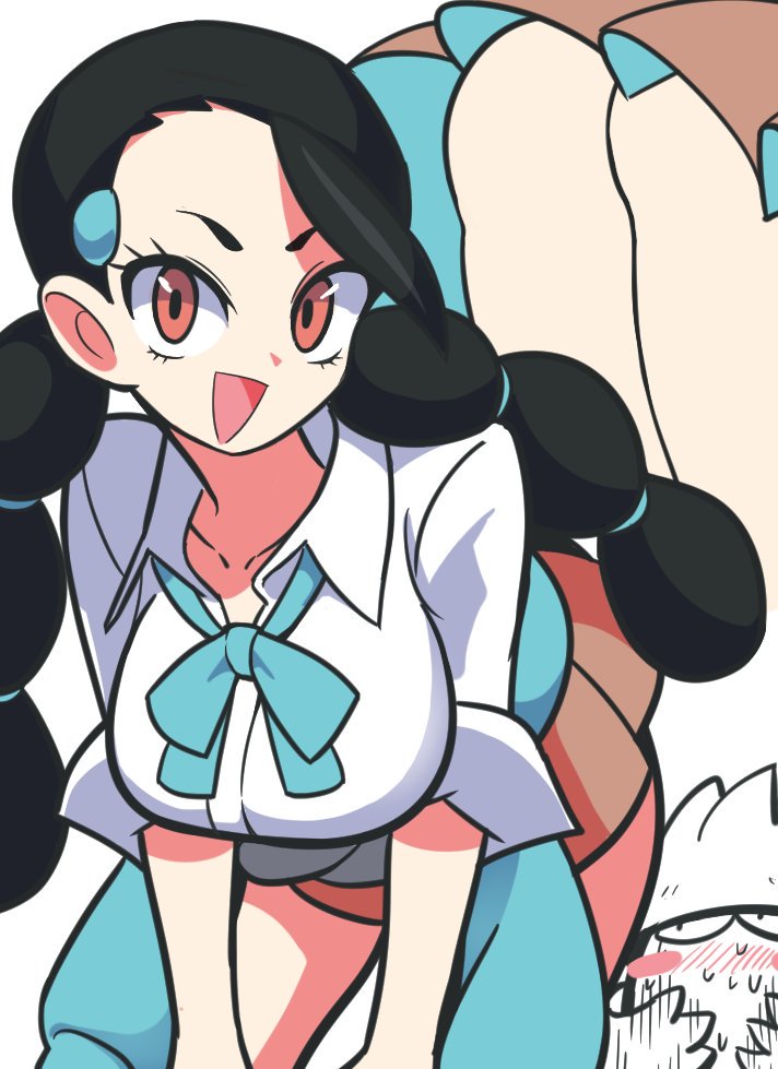 ass ass_focus black_hair blush breasts brown_eyes candice_(pokemon) clothes_around_waist game_freak gen_4_pokemon large_breasts looking_at_viewer miniskirt multi-tied_hair nintendo pokemon pokemon_dppt short_sleeves skirt snover sweater sweater_around_waist wadatsumi_(sense11531153) white_background