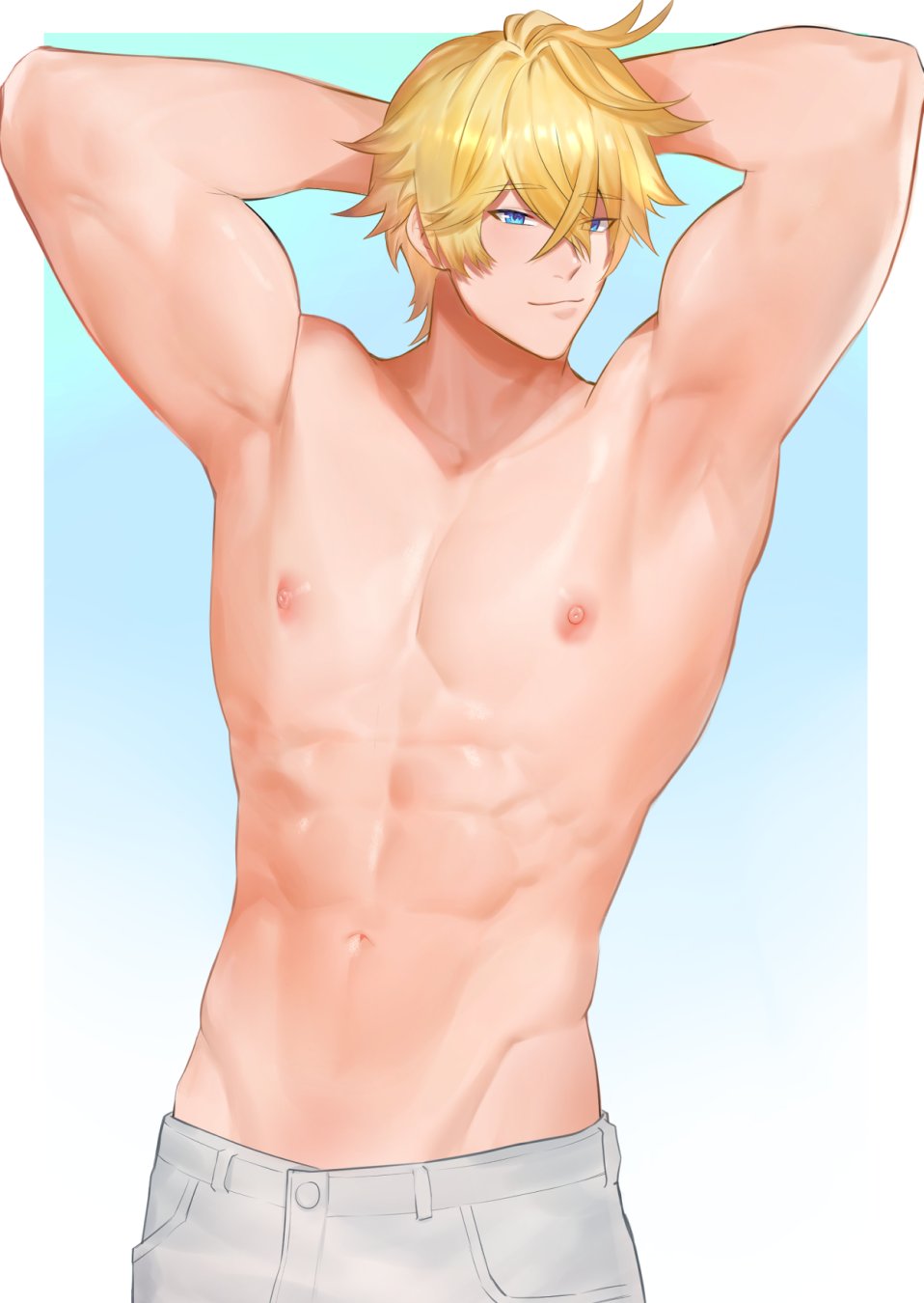 1boy abs arms_behind_head arms_up blonde_hair blue_eyes closed_mouth gepard_landau hair_between_eyes highres honkai:_star_rail honkai_(series) male_focus muscular muscular_male navel nipples pants short_hair smile solo stomach topless_male white_pants zhineart