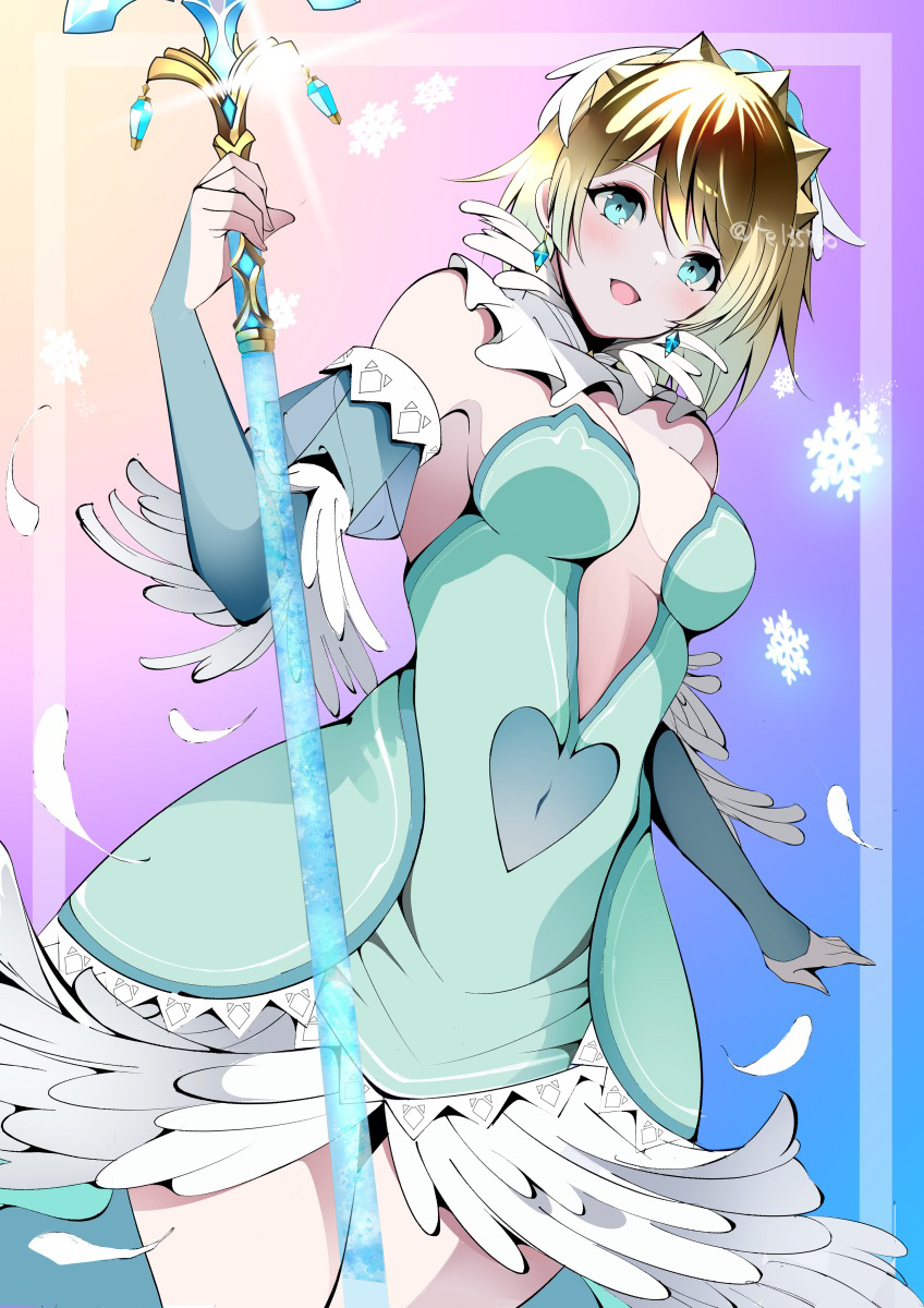 1girl aqua_dress bare_shoulders blonde_hair blue_eyes blue_sleeves breasts center_opening commentary_request covered_navel detached_collar detached_sleeves dress earrings fe135700 feather_trim feathers fire_emblem fire_emblem_heroes fjorm_(fire_emblem) fjorm_(ice_tribe)_(fire_emblem) hair_ornament highres holding holding_polearm holding_weapon jewelry looking_at_viewer medium_breasts nintendo official_alternate_costume open_mouth polearm short_hair smile solo strapless strapless_dress twitter_username weapon