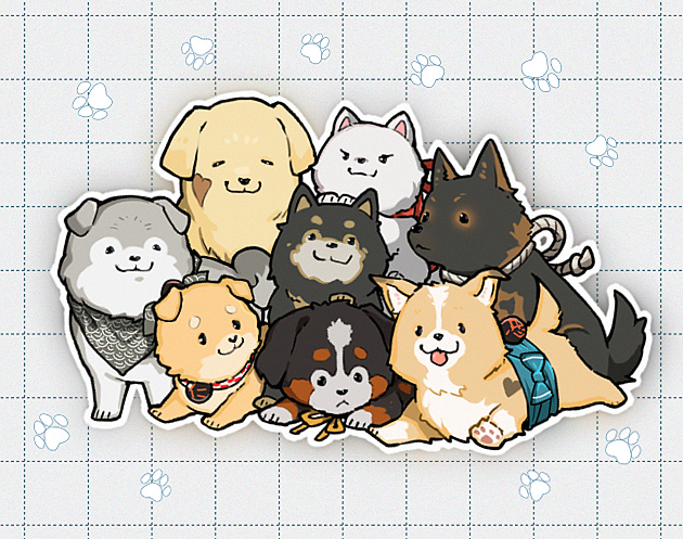 akita_inu bernese_mountain_dog daikaku_(fate) dog dousetsu_(fate) fate/grand_order fate_(series) genpachi_(fate) golden_retriever grey_background grid_background honi_(ohohoni) husky kai_ken keno_(fate) kobungo_(fate) labrador_retriever multiple_dogs paw_print samoyed_(dog) shiba_inu shinbei_(dog)_(fate) shino_(fate) sousuke_(fate) tongue tongue_out too_many too_many_dogs welsh_corgi