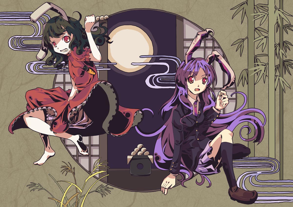 2girls animal_ears black_hair female_focus food inaba_tewi long_hair multiple_girls purple_hair rabbit_ears red_eyes reisen_udongein_inaba shirousagi_una short_hair skirt touhou
