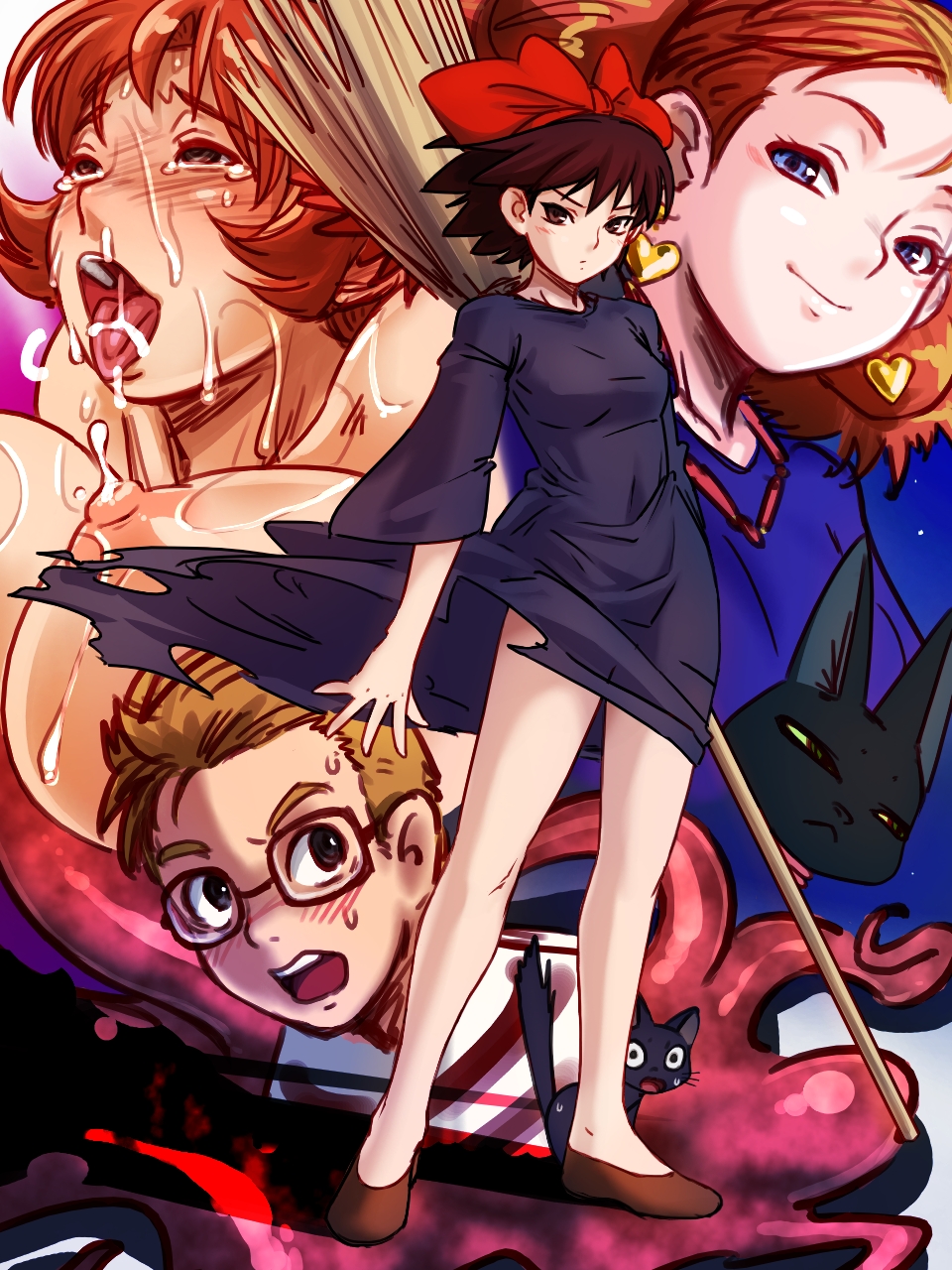 1boy 3girls black_dress blue_eyes blush breasts broom brown_eyes brown_hair cat commentary_request cum cum_on_body dress earrings facial fushisha_o glasses heart heart_earrings highres jewelry jiji_(majo_no_takkyuubin) kiki_(majo_no_takkyuubin) lactation large_breasts light_brown_hair mahou_shoujo_ai majo_no_takkyuubin multiple_girls nipples open_mouth orange_hair osono_(majo_no_takkyuubin) parody red_hair senior_witch_(majo_no_takkyuubin) short_hair slippers smile tombo_(majo_no_takkyuubin) tongue tongue_out torn_clothes torogao
