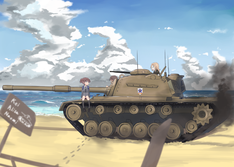 10s 3girls alisa_(girls_und_panzer) beach blonde_hair blue_eyes brown_hair caterpillar_tracks cloud emblem girls_und_panzer gun kay_(girls_und_panzer) long_hair m48_patton machine_gun military military_vehicle motor_vehicle multiple_girls naomi_(girls_und_panzer) sand saunders_(emblem) saunders_school_uniform school_uniform short_hair sky smile smoke tank tsuru_(tsubasa1993621) twintails water weapon
