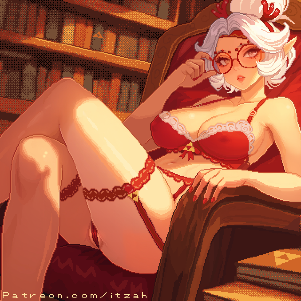 1girl adjusting_eyewear antlers armchair bookshelf bra breasts chair cleavage commentary covered_erect_nipples crossed_legs dithering english_commentary eyeshadow fake_antlers glasses hair_ornament hair_stick horns indoors itzah large_breasts looking_at_viewer makeup nail_polish navel nintendo panties parted_lips partially_visible_vulva patreon_username pixel_art purah red-framed_eyewear red_bra red_eyes red_eyeshadow red_garter_straps red_nails red_panties reindeer_antlers round_eyewear sheikah short_hair sitting solo the_legend_of_zelda the_legend_of_zelda:_tears_of_the_kingdom triforce underwear updo variant_set white_hair