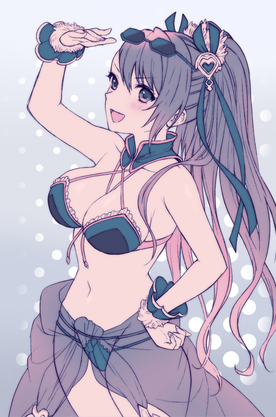 1girl beatrix_(granblue_fantasy) breasts ekra eyewear_on_head granblue_fantasy hair_ribbon hand_on_own_hip high_ponytail highres large_breasts long_hair navel open_mouth ponytail ribbon sidelocks smile solo swimsuit