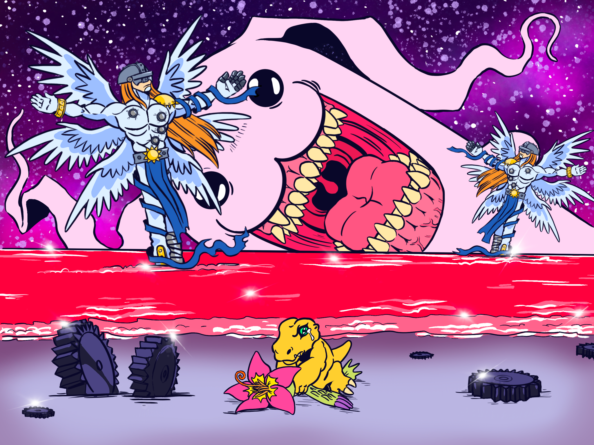 agumon angel digimon digimon_(creature) digimon_adventure flower highres looking_at_another monster_girl neon_genesis_evangelion palmon petals plant_girl sharp_teeth teeth the_end_of_evangelion thedumpzone tokomon