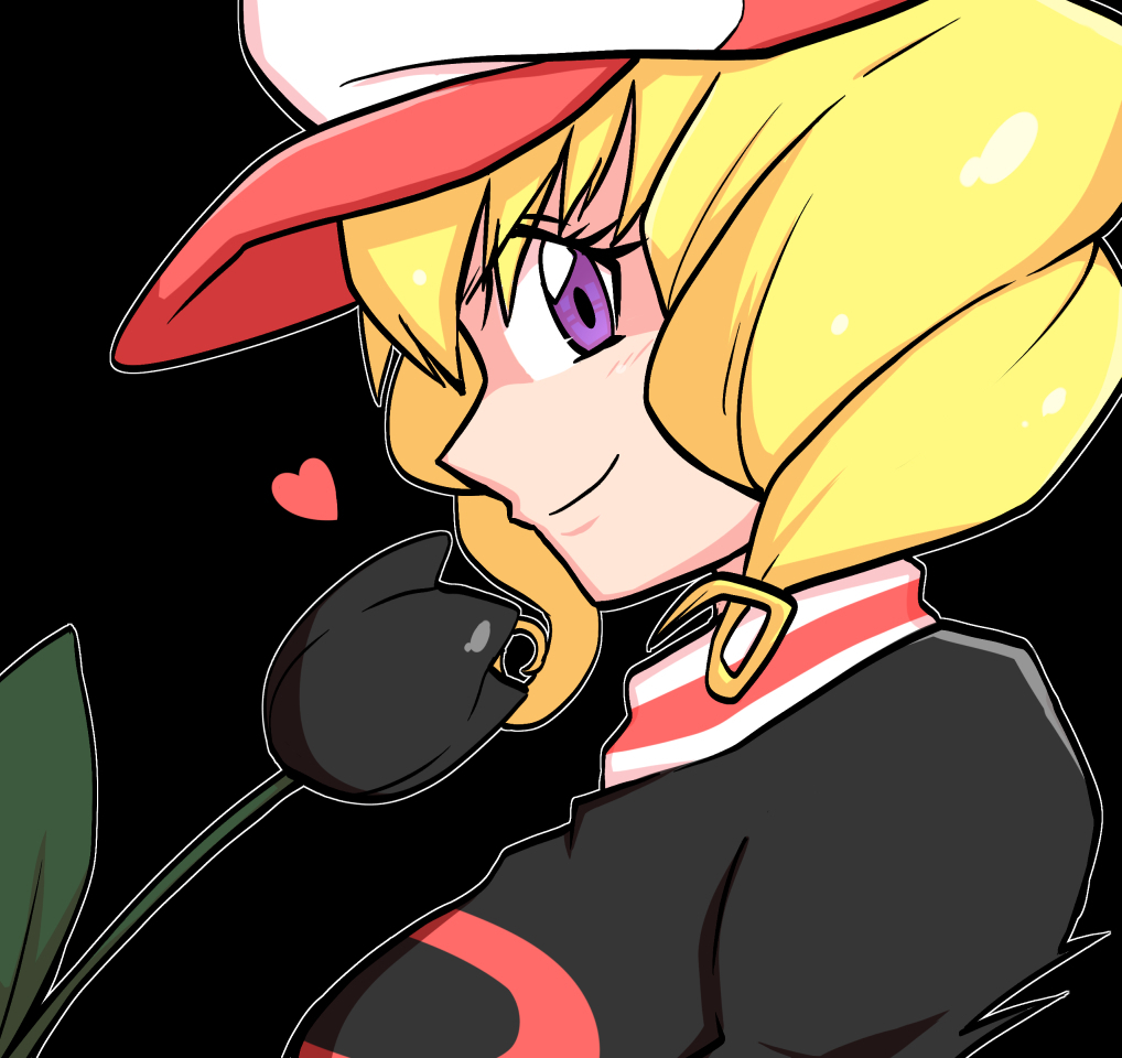 1girl black_background black_flower black_tulip blonde_hair domino_(pokemon) flower from_side heart kurachi_mizuki light_blush nintendo outline pokemon pokemon_(anime) pokemon_(classic_anime) purple_eyes short_hair simple_background smile solo team_rocket team_rocket_uniform tulip upper_body white_outline