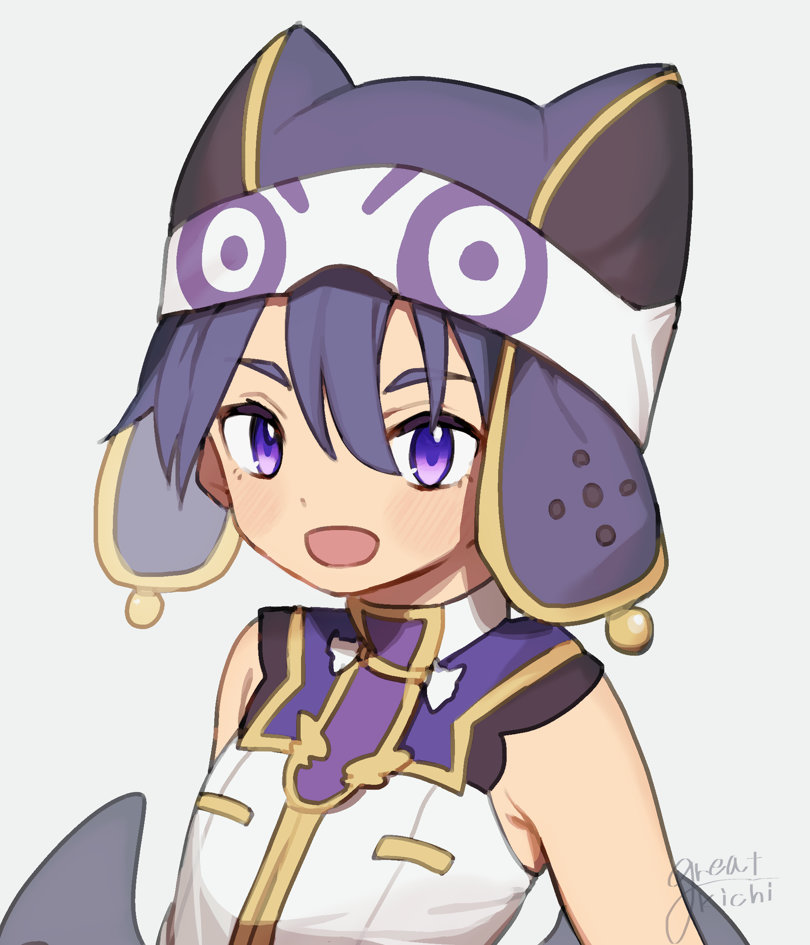 1boy animal_hat bad_id bad_pixiv_id blue_hair cat_hat demon_boy demon_wings great_kichi hat looking_at_viewer low_wings male_focus mini_wings open_mouth pointy_ears pop-up_story purple_eyes simple_background smile solo st._feles_gakuen_uniform white_background wings ziz_glover