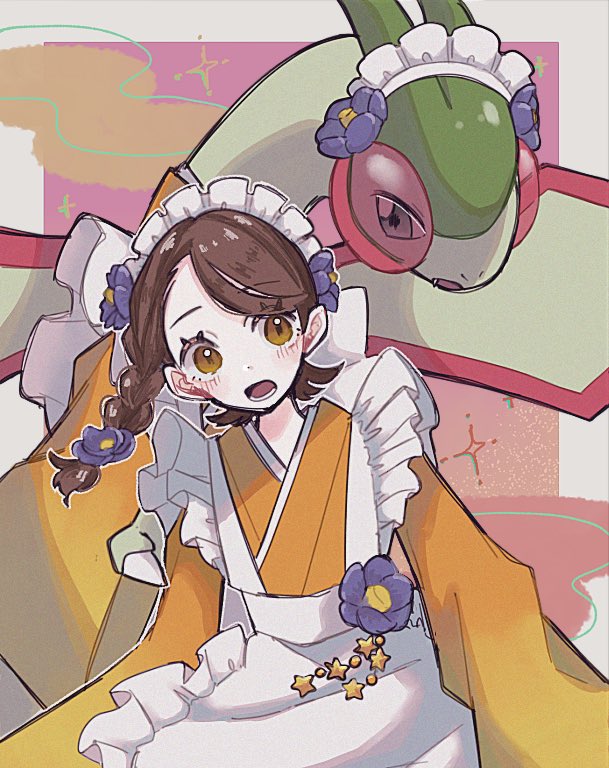 1girl alternate_costume apron braid brown_hair dress enekonoshippo27 flower flygon frilled_dress frills gen_3_pokemon hair_flower hair_ornament juliana_(pokemon) maid maid_apron maid_headdress nintendo pokemon pokemon_(creature) pokemon_sv white_apron yellow_dress