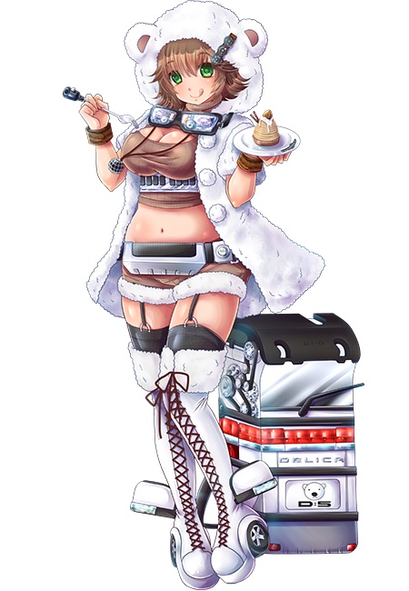 1girl animal_ears animal_hood awakening_(syanago_collection) backpack badge bag bear_ears belt black_thighhighs boots breasts brown_hair brown_scarf brown_shorts brown_tank_top button_badge cleavage_cutout clothing_cutout coat cross-laced_footwear food full_body fur-trimmed_boots fur-trimmed_shorts fur_coat fur_trim game_cg garter_straps gauge goggles goggles_around_neck grill hood hood_up hoodie jewelry large_breasts midriff mitsubishi_delica_d5_(syanago_collection) mitsubishi_motors necklace official_art pudding scarf short_sleeves shorts side-view_mirror simple_background syanago_collection tank_top thigh_boots thighhighs thighhighs_under_boots tongue tongue_out unused_tire usubeni_sakurako wheel white_background white_hoodie wipers wristband