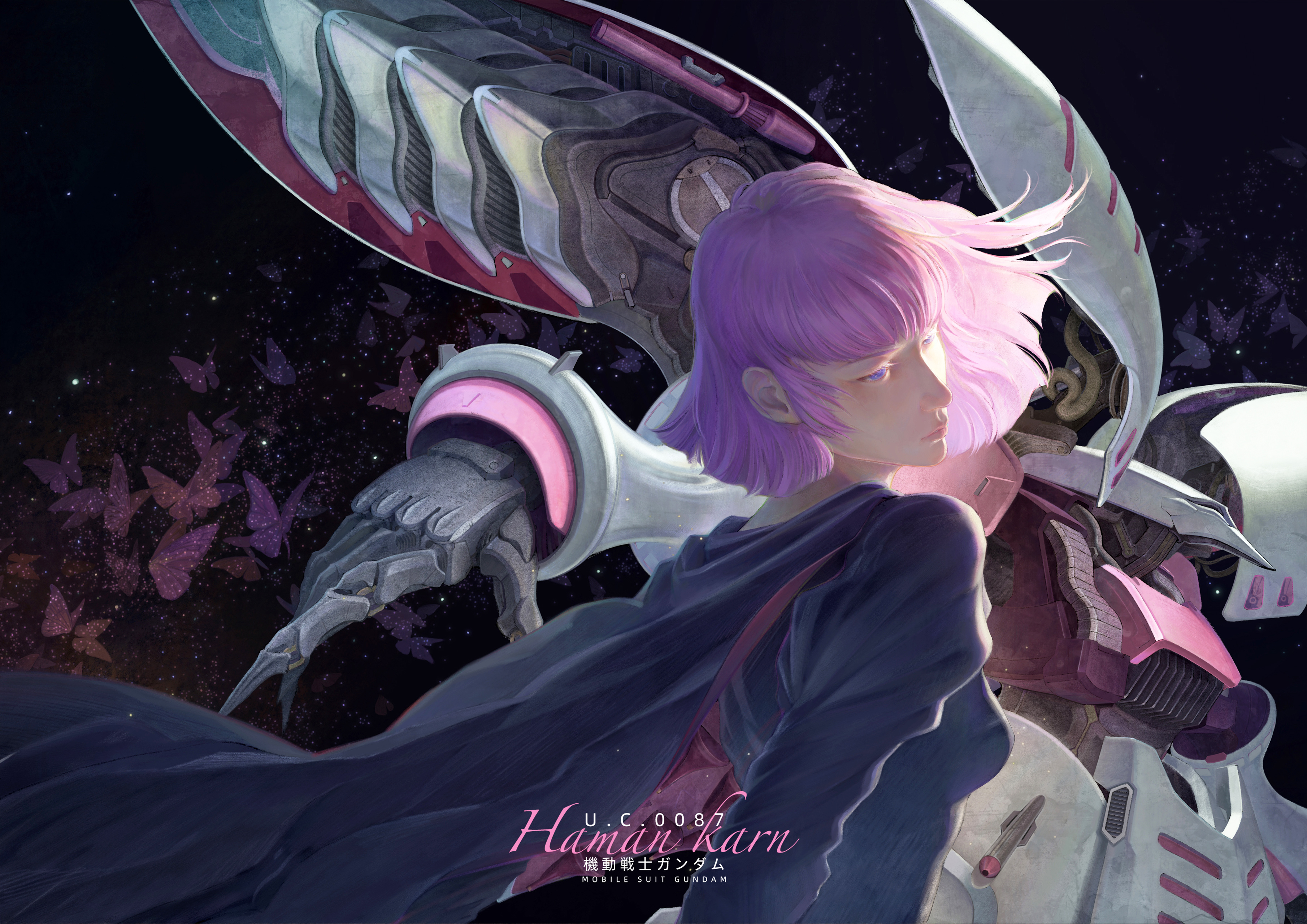 1girl absurdres bug butterfly cape character_name commentary_request gundam haman_karn highres insect machinery mecha mobile_suit neo_zeon pink_hair qubeley realistic robot science_fiction user_dfcp2845 zeta_gundam
